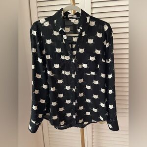 Express Black Button-Up Blouse with Cream Cat Print Size SP